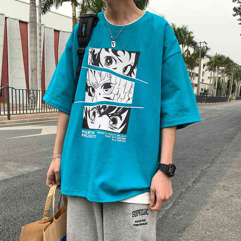 

Summer short sleeve t-shirt men's Korean fashion loose casual brand versatile cartoon half Top t shirt Tee Tops Polo, White