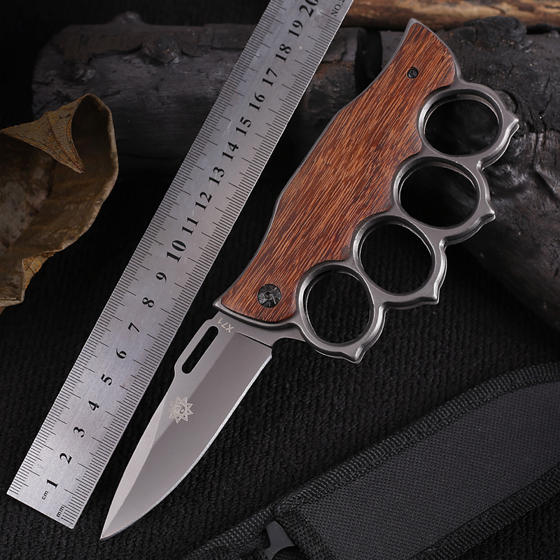 

Wooden handle knuckle folding knife stainless steel portable EDC tool field portable knife multi-functional self-defense knife HW168