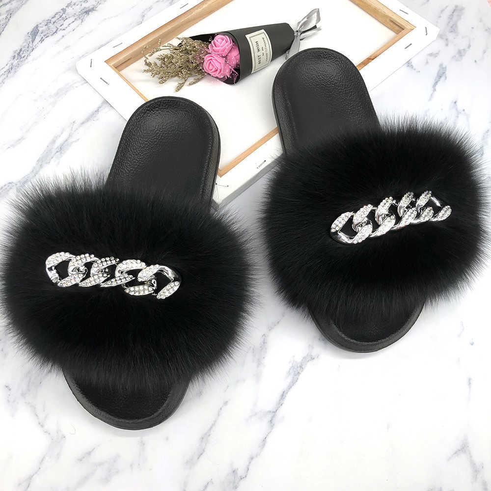 

Summer Crystal Real Fox Fur Slippers Black Fur Fluffy Slides EVA Home Fashion 2021ladies Flip Flops Slippers Crystal Beach H0827, Gray