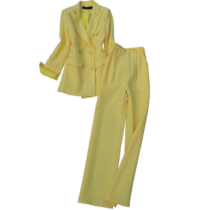 

Spring and Autumn High Quality Women' Trouser Suit 2-piece Double-breasted Yellow Ladies Jacket Female Waist Trousers 210527