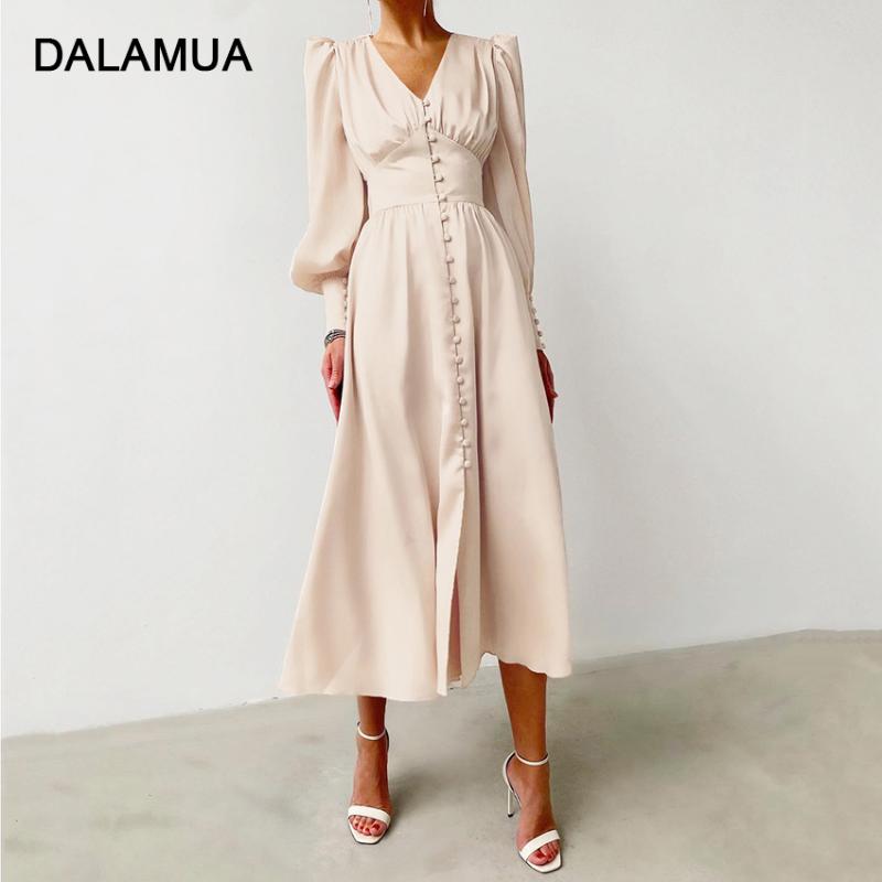 

Casual Dresses Women Midi Dress Silk Satin 2021 Autumn Long Sleeve V-Neck High Waist Solid Fashion Office Lady Elegant Female Robe, Beige