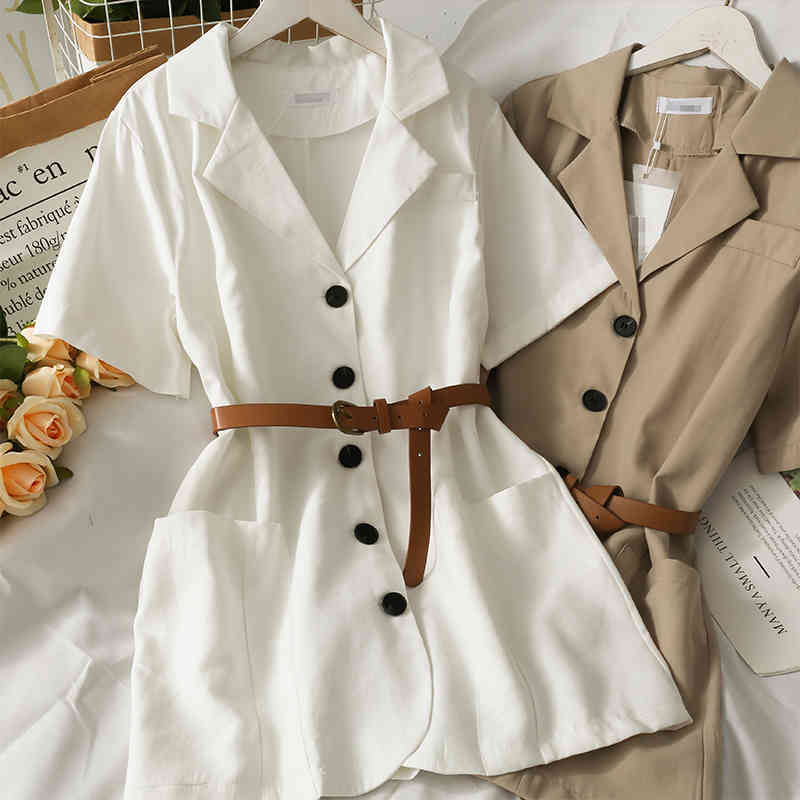 

Korean version of the high-waisted thin-breasted short-sleeved suit jacket female waist big pocket dress summer 210525, Khaki