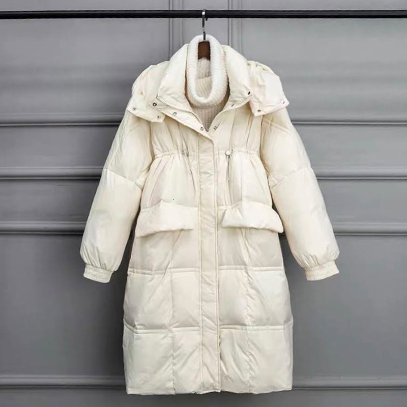 

2021 New Winter Women Hood Thick Warm Loose Long Pink Parkas 90% White Duck Down Black Coat Stand Collar Zipper Outwear Dw9n