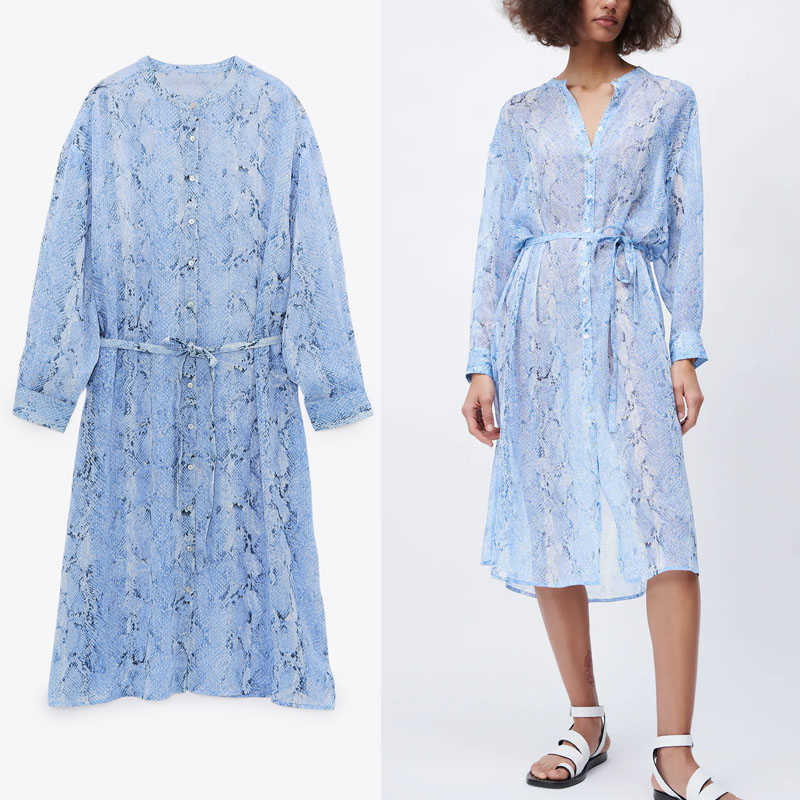 

Za Animal Print Shirt Dress Women Long Sleeve Self Belt Vintage Blue Midi Dresses Woman Chic Button Up Holiday Summer Dress 210602