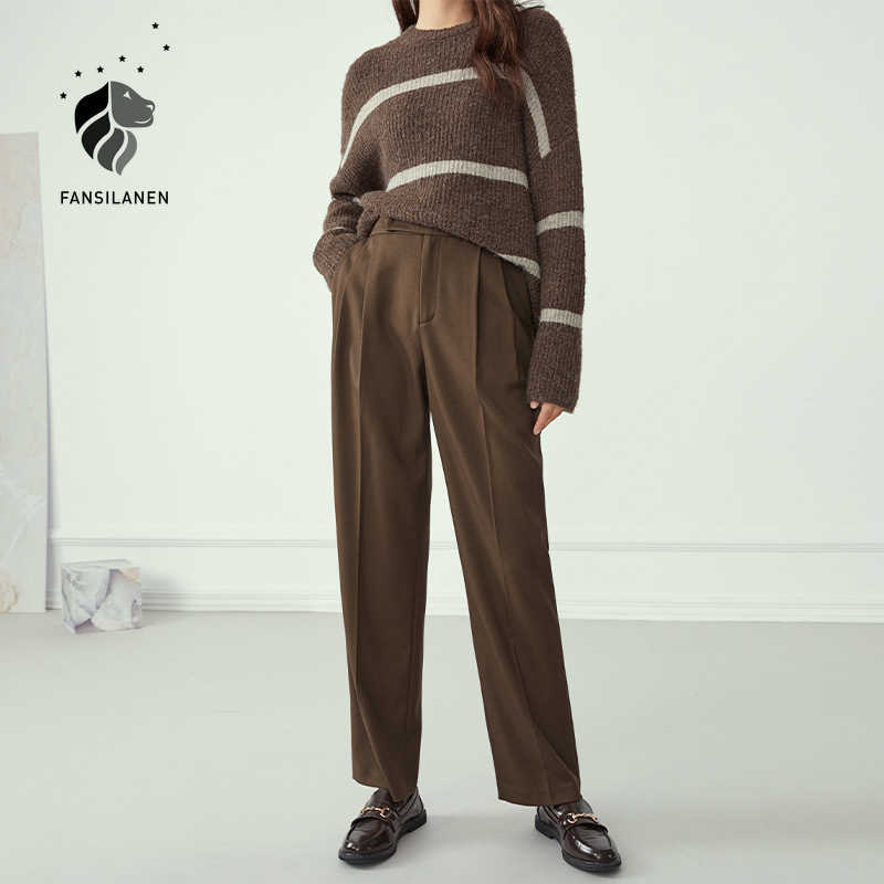 

FANSILANEN Autumn winter pleated suit casual pant streetwear loose trousers Female straight high waist bottom 210607, Dark brown