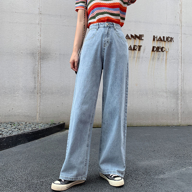 

2021 New Jeans Loose Waist High Retro Breech Wide Leg Women's Brem Pants Casual Fashion Simple Denim Breeches Lelx, Light blue