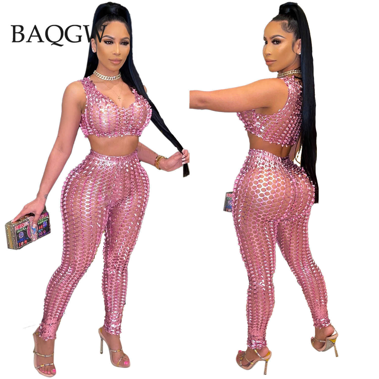 

Sexy Fishnet Hollow Out Sparkly Crop Tops and Pants Tracksuit Large Size Summer Women Clothing Clubwear Two Piece Set Outfits X0709, Pink
