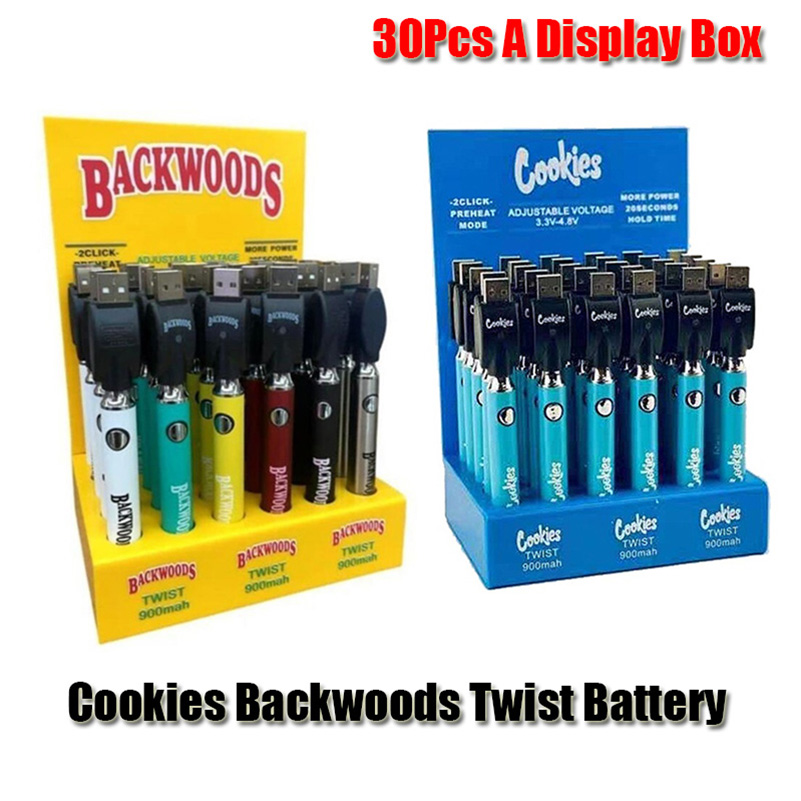 

Cookies Backwoods Twist Preheat VV Battery 900mAh Bottom Voltage Adjustable Usb Charger Vape Pen For 510 Cartridges 30Pcs A Display Box DHL