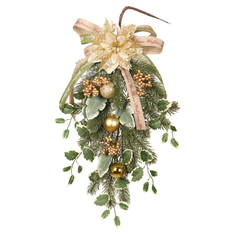 

Christmas Decorations Wreath Pre-Lit Artificial Teardrop Golden Christmas Flower PE Upside Down Tree With Berries And Bow Fo