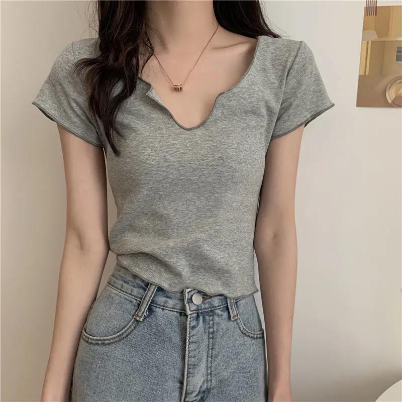 

design sense t-shirt short sleeve women's new slim and versatile v-neck in summer 2021, Gray;blue