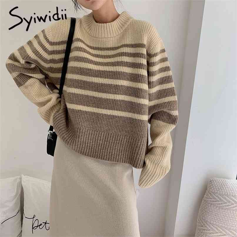 

Striped Pullover Sweater Women Half Turtleneck Long Sleeve Tops Fashion Knitted Female Loose Clothes Autumn Winter 210607, Coffee