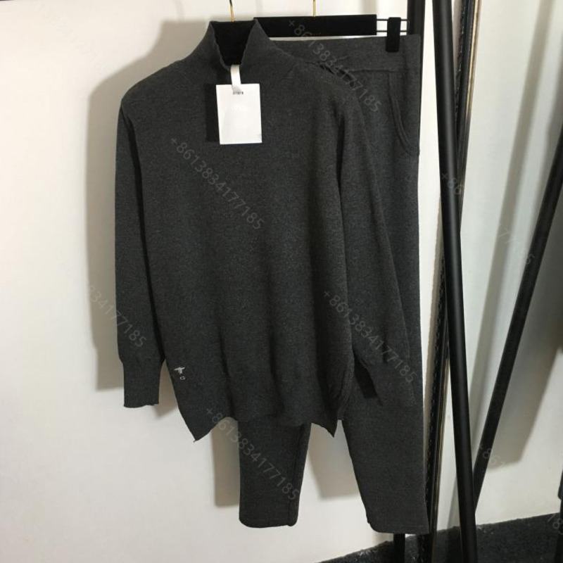 

High-end designer women sweater coat wide leg pants 2 piece suit wool knit CD logo brand embroidered bee long sleeve senior pullover casual set super elastic do1, Supplementary price difference