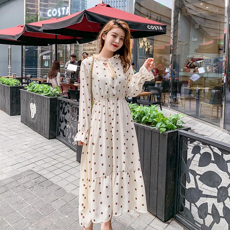 

Casual Dresses Bowknot Flare Sleeve Spring Dress Women Full Black Polka Dot Fashion High Waist Elastic Elegant Robe