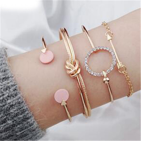 

Pickyz 4pcs/set Charm Romantic Pink Crystal Open Cuff Bangles/bracelet for Women Alloy Arrow Link Chain Twist Bangle Gold Metal Q0719