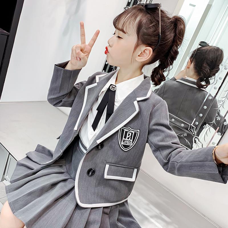 

Clothing Sets Formal Western Suit Pleated Skirt For Girls Clothes Set Gray School Uniforms 4 5 6 7 8 9 10 11 12 13 Years Kids Outfit, 2pcs