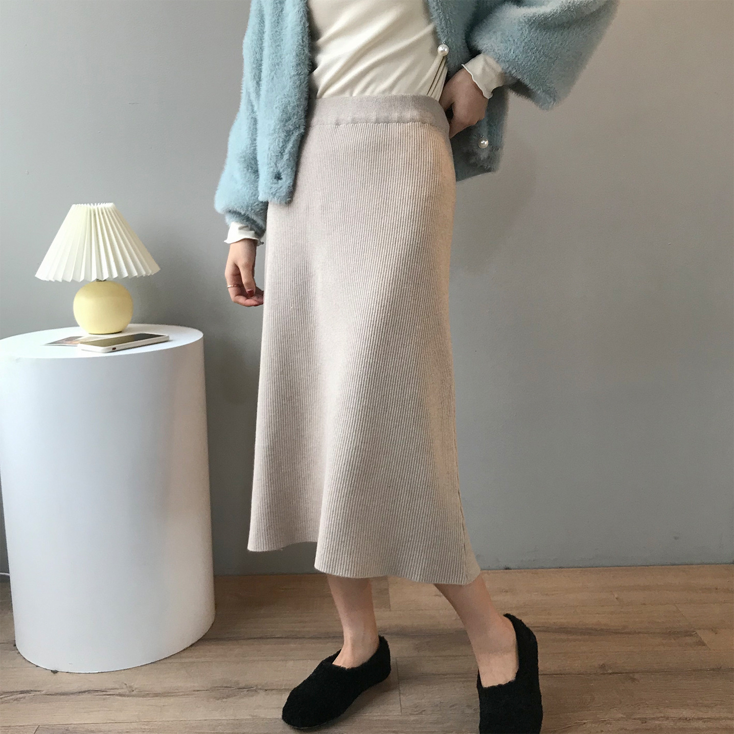 

2021 High Waist Pure Autumn Knitted or Crocheted the Thick Female Femme Jupe Skirt S3lb, Dark grey