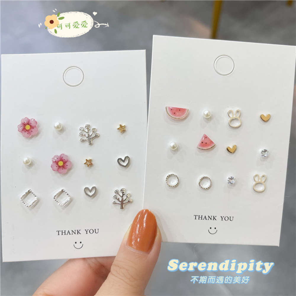 

S925 pure silver needle ceramic flower watermelon one week Earring Set