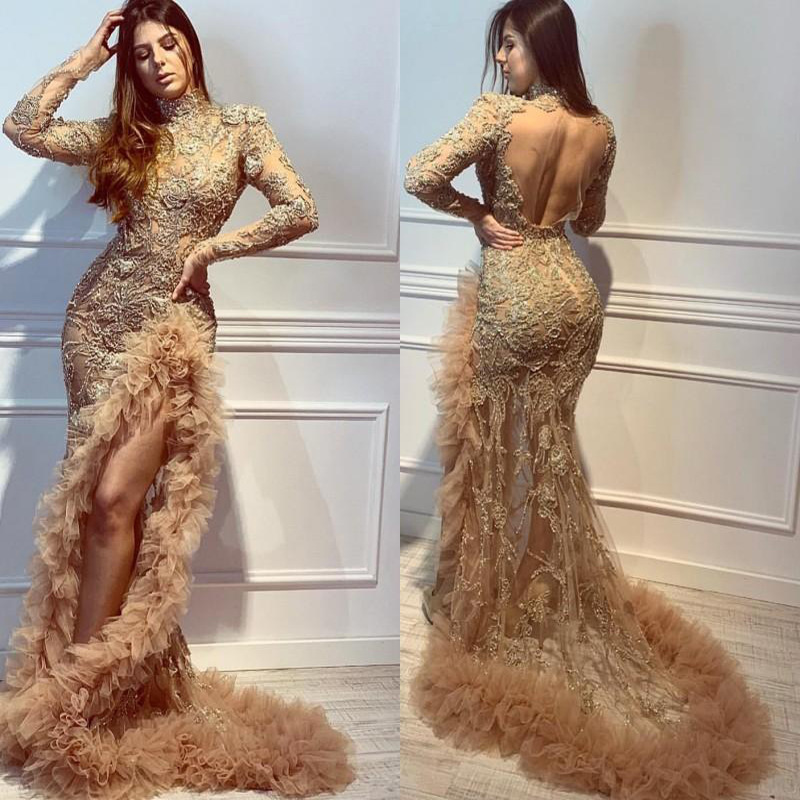 

Luxury Designers 21ss Golden sexy evening dress women new banquet atmosphere wedding party host long fishtail dress, Gold