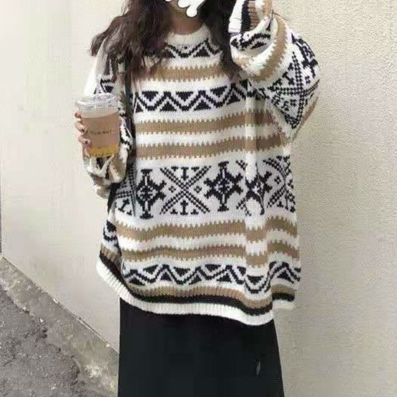 

2021 New Deeptown Do Vintage Roupas De Inverno Feminino Geometria Coreana Impresso Pullove Manga Longa Crewneck Topos Solto Camisola Branca, White