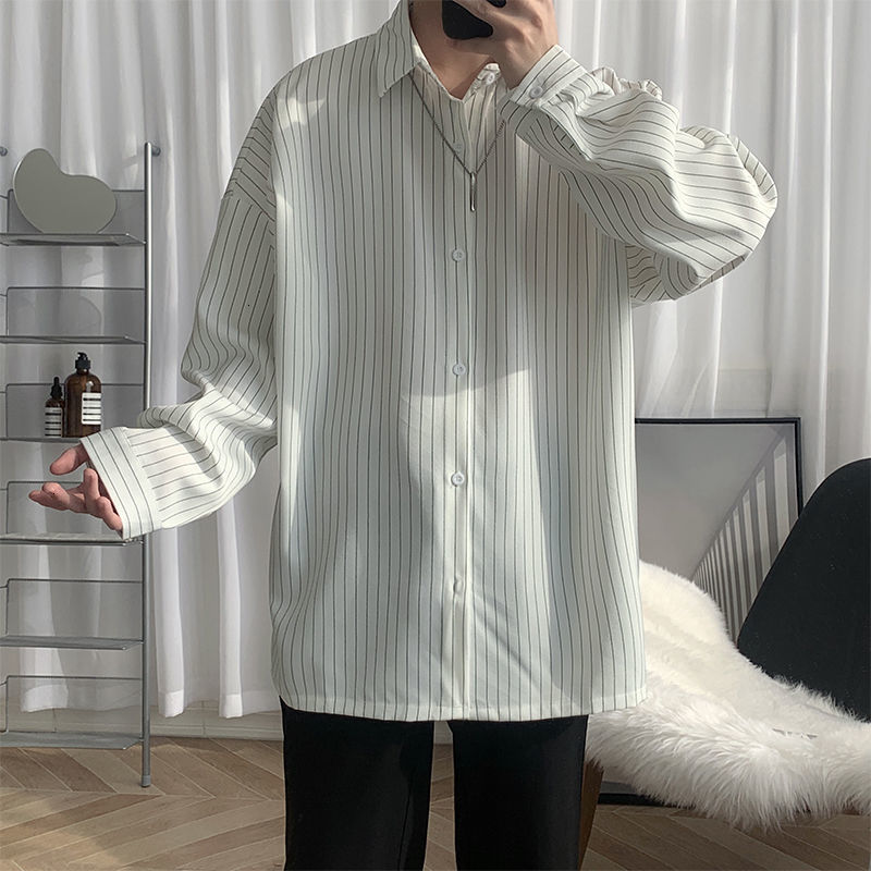 

2021 New Spring Striped Men's Fashion Business Casual Men Streetwear Long-sleeved Shirts Mens Shirt M-2xl V81k, White