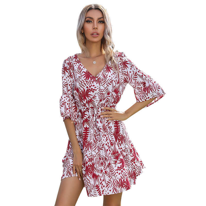 

Flare Sleeve Temperament V Neck Floral Print Dress Women Big Swing Ruffle Boho Streetwear Casual Loose Beach Fashion Dresses 210608, Burgundy
