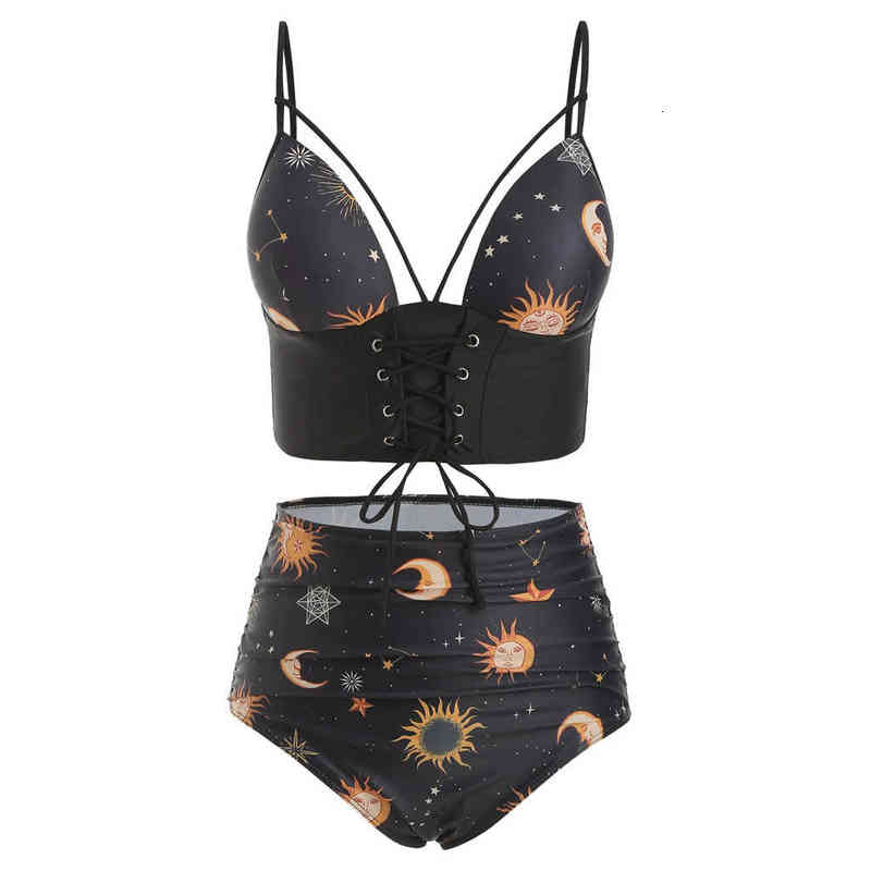 

Universe Printed Bikini Set Women Two Piece Push Up Tankini Sets Plus Size Bikini Beachwear Moon Swimsuit, White;black