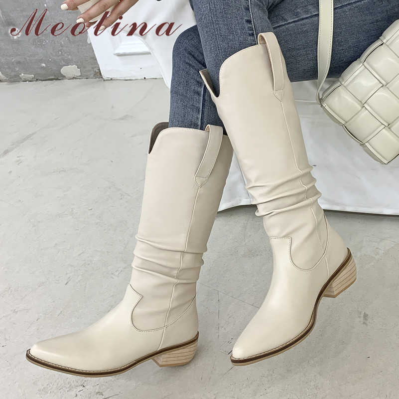 

Meotina Pleated Real Leather Mid Heel Long Boots Western Boots Women Shoes Pointed Toe Chunky Heels Knee High Boots Beige 33-40 210608, Black synthetic lin