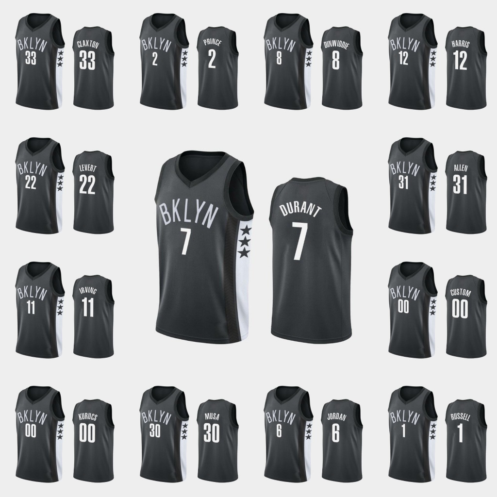 

Brooklyn Nets Men Kyrie Irving Kevin Durant Taurean Prince Jarrett Allen Joe Harris NBA Black Custom Statement Jersey 01, Black;red