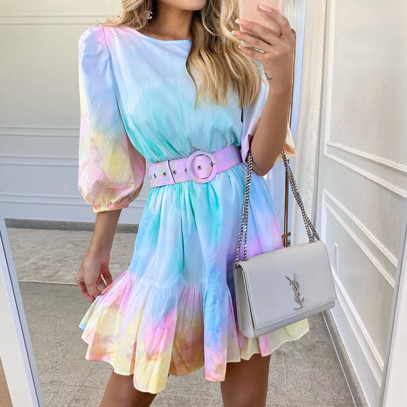 

2021 New Boho Raiow Round Neck Tiered Ruffle Trim Summer Three Quarter Lantern Sleeve Holiday Beach Chic Women Midi Fbwz, Wd119pc