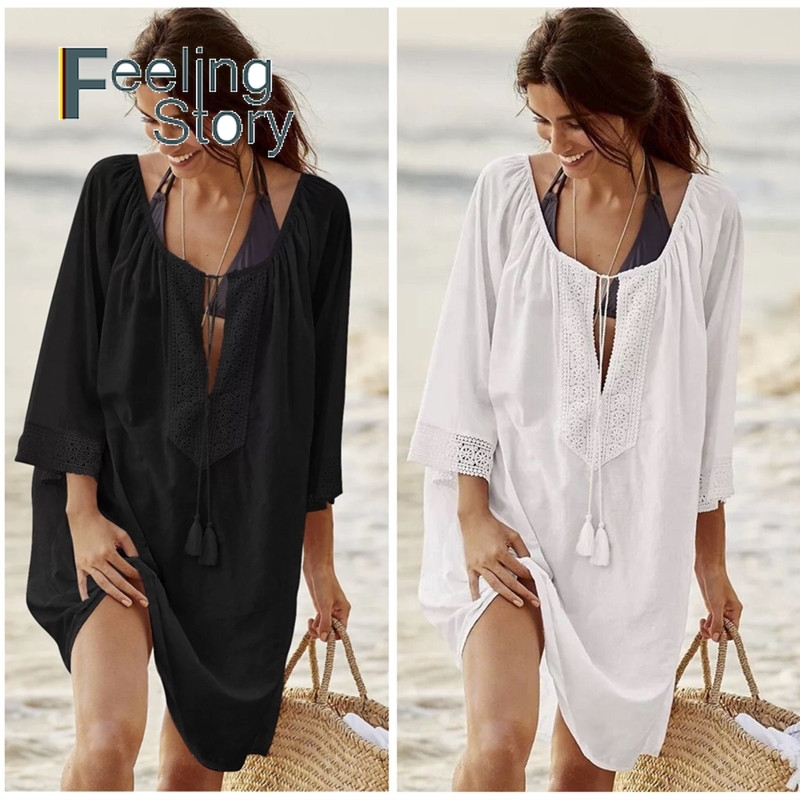 

White Shirt Women Lace Mesh Bikini Long Cover Up Beach Sunscreen Cotton Tassel Tops Summer Boho Chic Blouse Top 210603