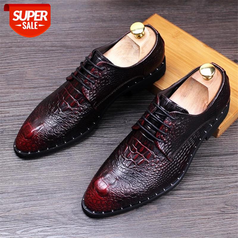 

2020 Men's Crocodile Dress Leather Shoes Lace-Up Wedding Party Shoes Mens Business Office Oxfords Flats Plus Size Men Fashion #t96r