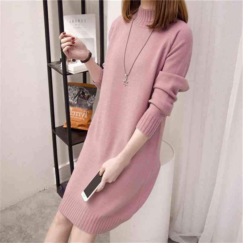

Autumn and Winter Women Turtleneck Pink Long Sweater Dress Female Loose Casual Sleeve Knitted Pullover White Sweaters Mujer 210604