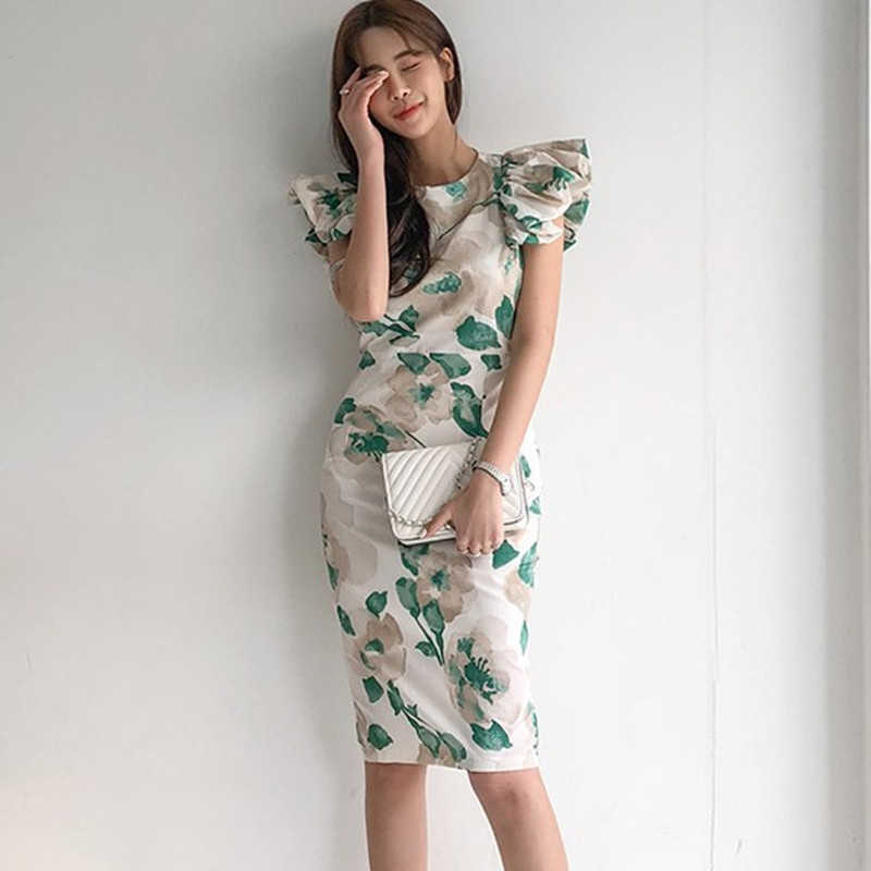 

ZAWFL High Quality Summer Women Styl Lace Print Pleated Dresses Butterfly Sleeve Stand Party Dress Vestidos 210603, Picture color