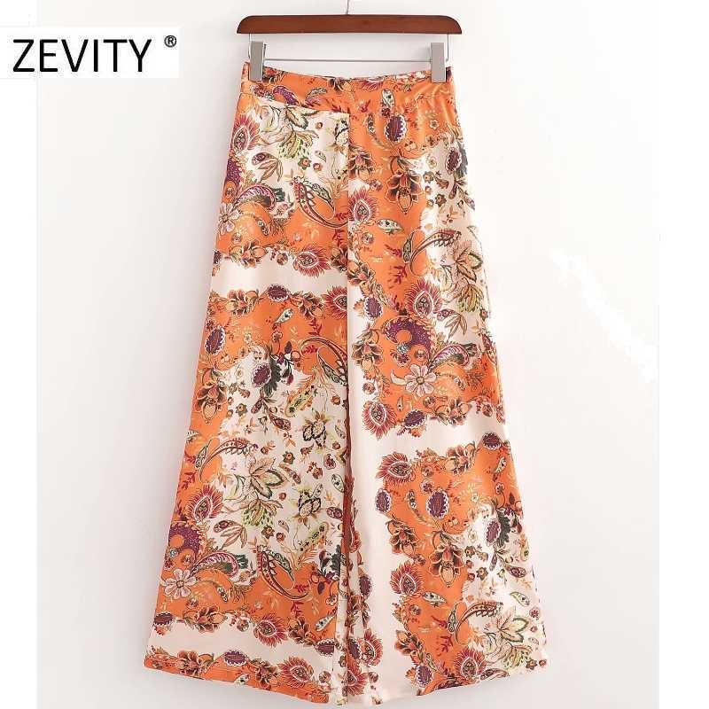 

ZEVITY Women vintage paisley flower print wide leg pants female leisure retro contrast color long Trousers chic brand pants P926 210603, As pic p926xd