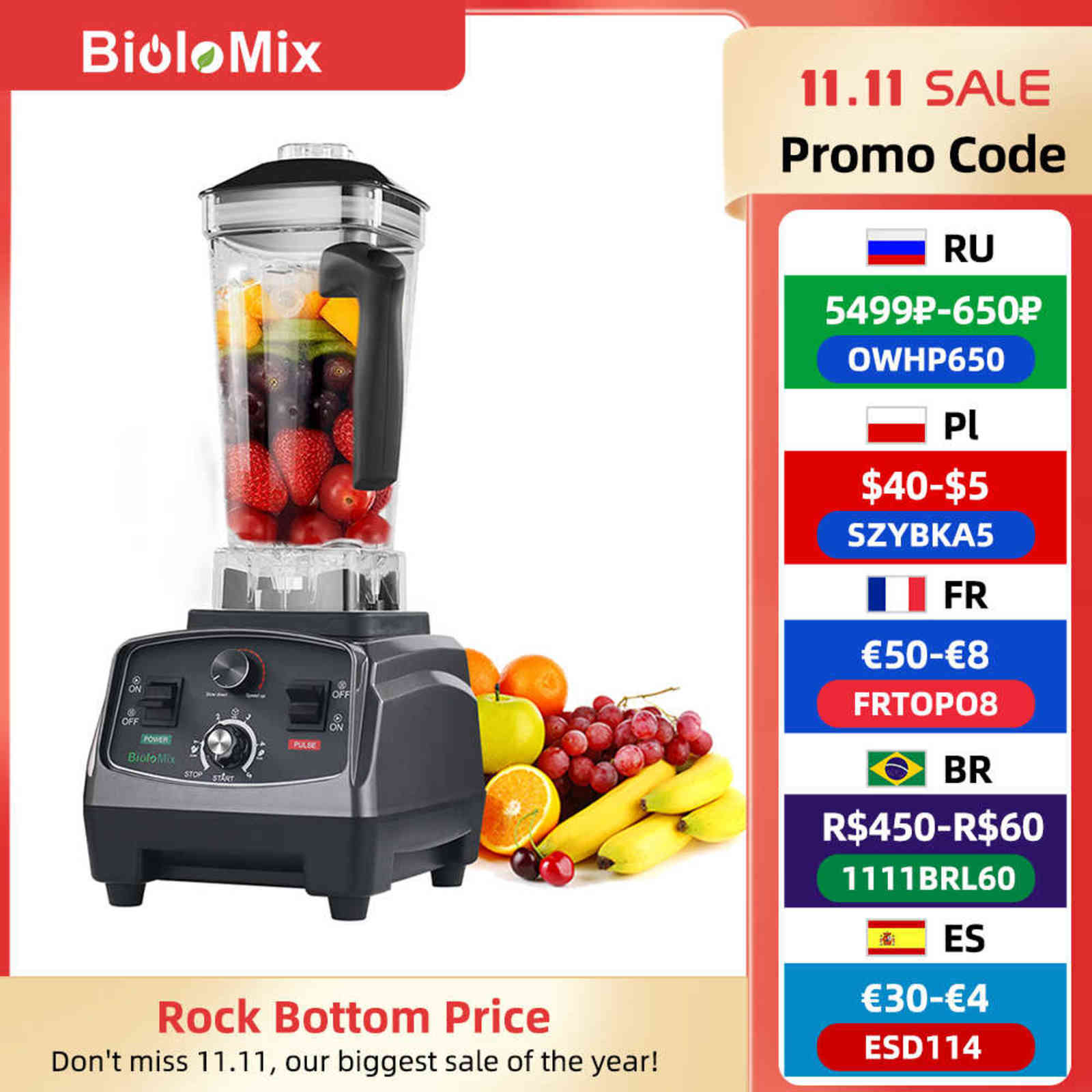 BioloMix 3HP 2200W Heavy Duty Commercial Grade Timer Blender Mixer Juicer Fruit Food Processor Ice Smoothies BPA Free 2L Jar H1103-image-737259187