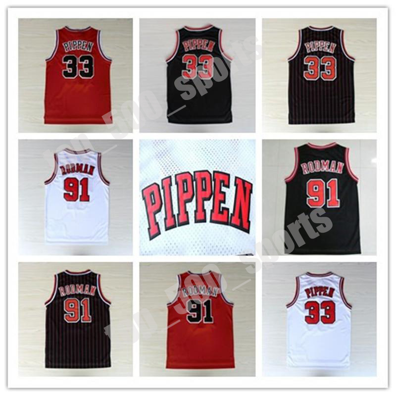 

Hot Sale Men #1 Derrick Rose 33 Scottie Pippen 91 Dennis Rodman Jersey White Red Black Stripes 100% Stitched Retro Basketball Jersey, Black;red