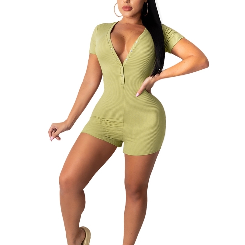 

Sexy Women Button Romper Jumpsuit Casual Homewear Outfits Lounge Wear Pajamas Shorts Playsuit Summer Bodysuit 210525, Khaki