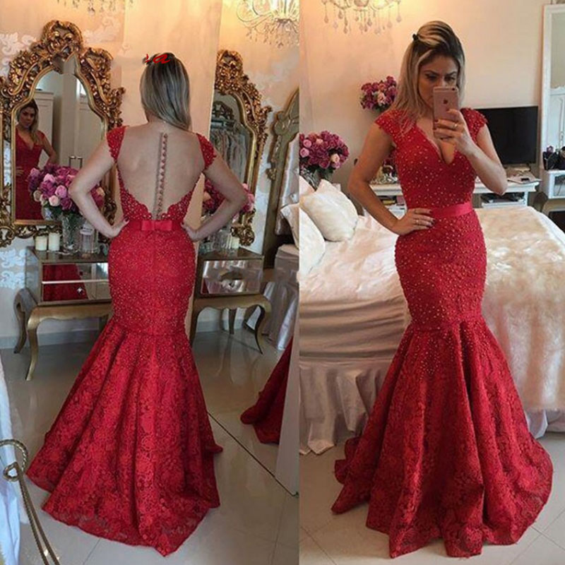 

Red Long Lace Mermaid Evening Dresses Party with Pearls Beautiful Women Girl Plus Size Prom Formal Prom Gowns Wear, Light sky blue