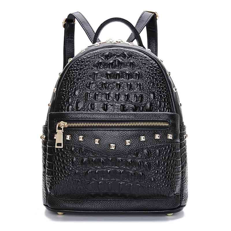 

2021 new crocodile pattern head layer cowhide rivet backpack Korean fashion leather women's bag, Black