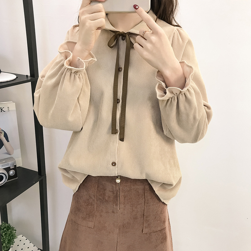 

2021 New Fashion Square Collar Corduroy Bow Lantern Sleeves Shirt Casual All-match Blouses Women Cute Z28a, 02
