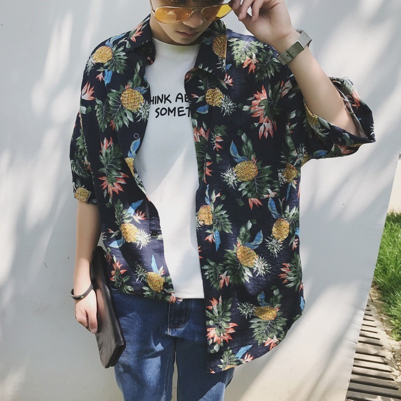 

2021 New Men's Pine Printing Hawaiian Short Sleeve Shirt Mens Brand Fashion Cotton Clothes White/black Shirts Big Size M-5xl Qlg7, Blue