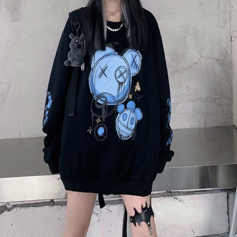 

2021 New Deeptown Estilo Coreano Camisola Feminina Inverno Moda Impresso Hoodies Feminino Manga Longa Mais Veludo Streetwear Casual Puloer B, Black