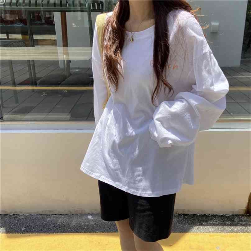 

Basewear Loose Sweet Printed Casual Full Sleeves Tee Retro Tops Chic Brief Cotton Basic Warm T-shirts 210525, White