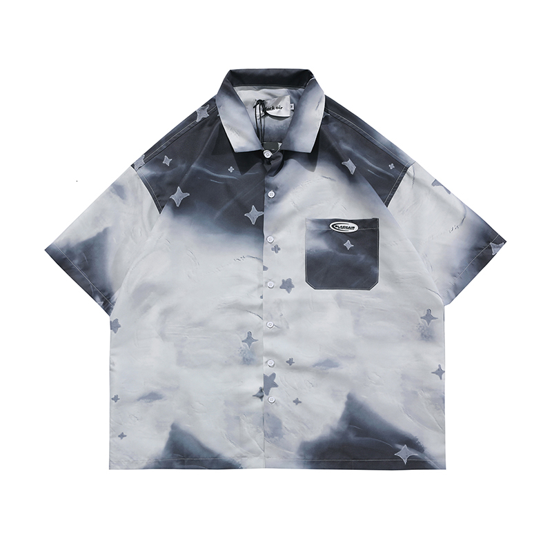 

New Alta Rua Estrelas Impresso Gradiente Vero Camisas De Lapela Manga Curta Solto Camisa Havaiana Harajuku 2021 Primavera Topos 6nlx, Black