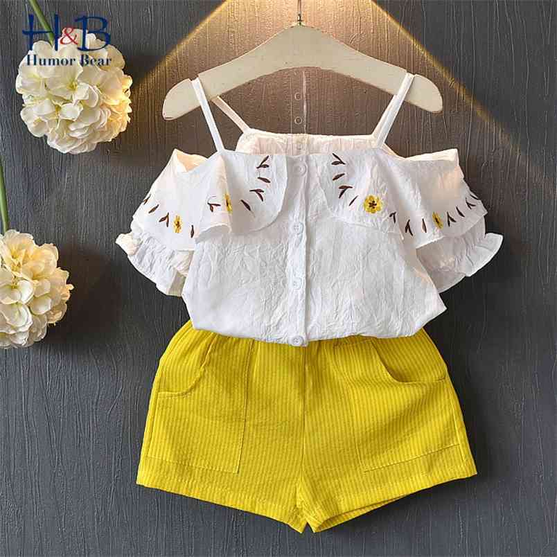 

Girl Clothes Set Summer Embroidery Flower Sling Short-Sleeved Shirt+Shorts 2PCS Toddler Kids 210611, Bt076 white