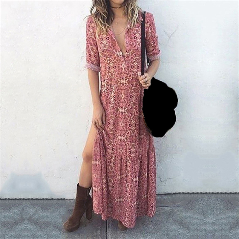 

2021 New Casual Sleeve Print Boho Maxi for Women Summer Autumn Floral Woman Bohemia Long Es Robe Femme L2wm, Red