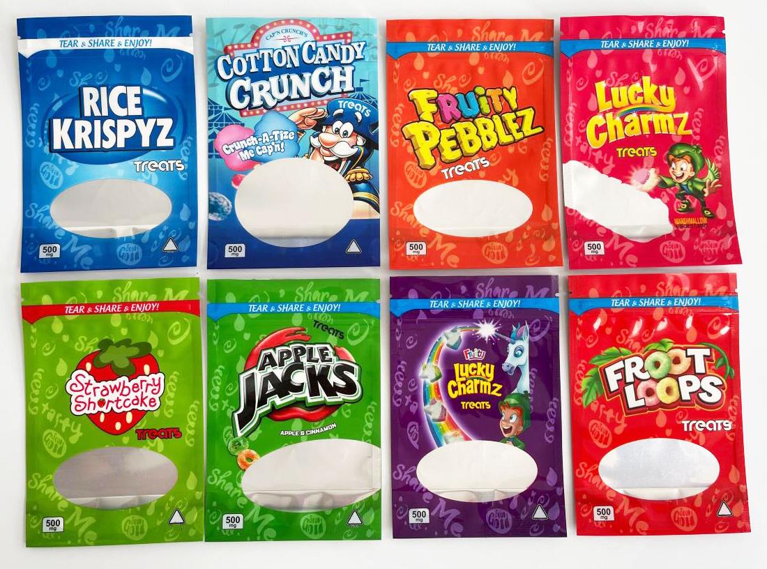 

INFUSED TREATS 500mg packing bags Caramel Fruity Pebblez candy gummies Lucky charmz edibles