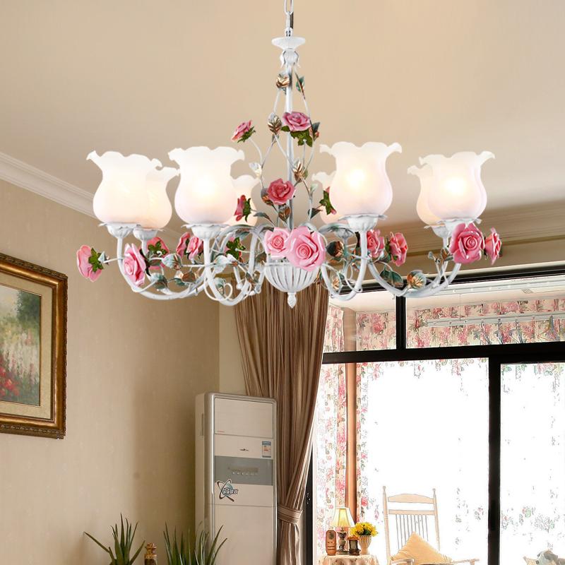 

Pendant Lamps Floral E27 LED Chandelier White Flower Iron Alloy Chandeliers Dining Room Living Rose Lights Lamp Girls Bedroom