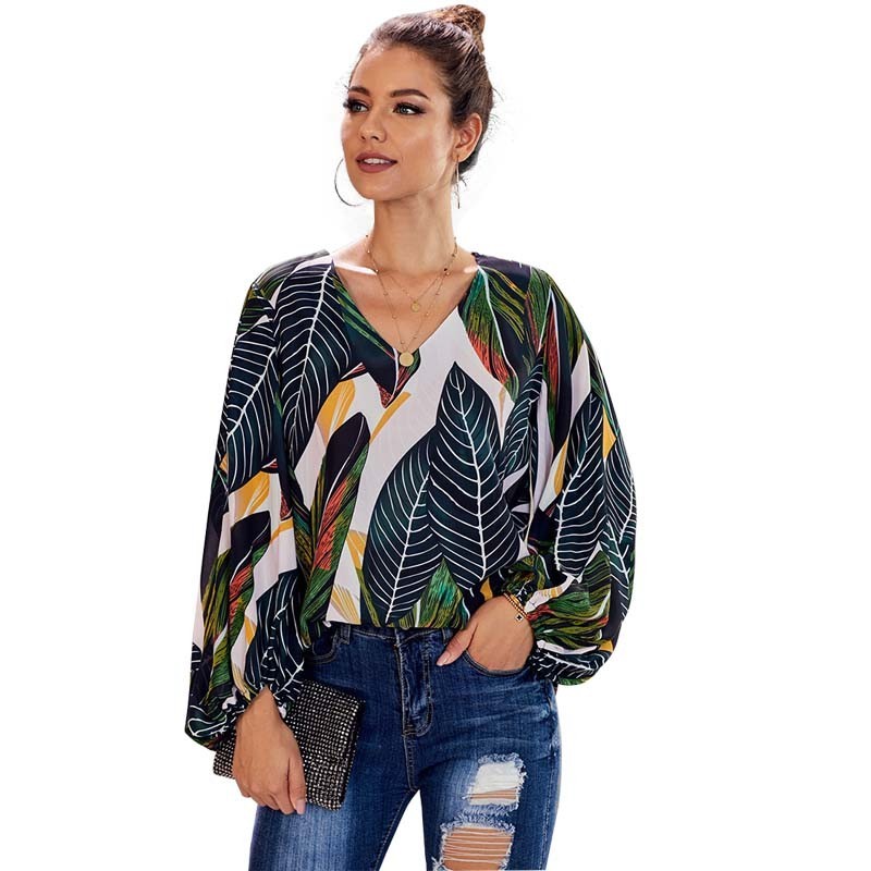 

2021 New Floral Print Womens Tops and Blouses Fashion v Neck Lantern Long Sleeve Casual Ladies Shirts Plus Size Blouse Ropa Mujer 6epy, Orange