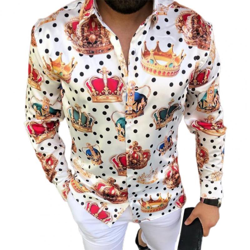 

Men's T-Shirts 2021 Autumn Men Casual Shirt Eye-catching Dot Crown Print Turn-down Collar Single Breasted Long Sleeve Male Top, White